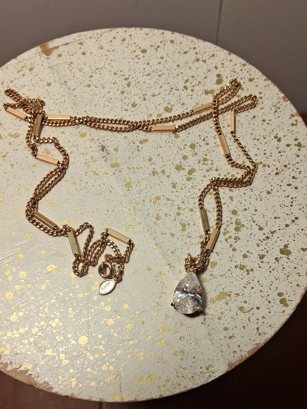 Avon Gold Teardrop Pendant Necklace with Clear Crystal